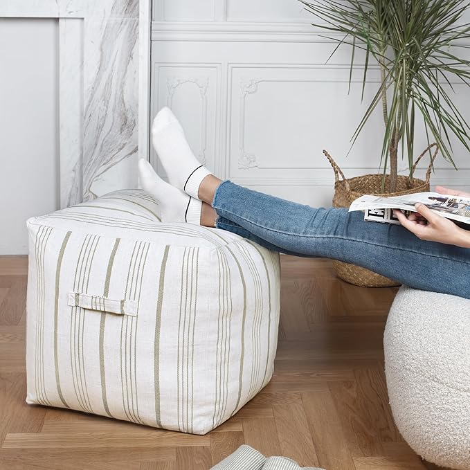 AELS Unstuffed Farmhouse Pouf Cover for Living Room, Storage Bean Bag Cubes, Off Beige & Light Brown Stripes Linen Square Ottoman Pouf Foot Rest Footstool, 18"x18"x18", Cover ONLY