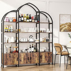 Semoic Arched Bookshelf and Bookcase with 3 Cabinets, Triple Wide 5 Tier Standing Book Shelf, Storage Display Rack Shelves, Industrial Open Bookshelf, Etagere Bookcase, Brown+Black