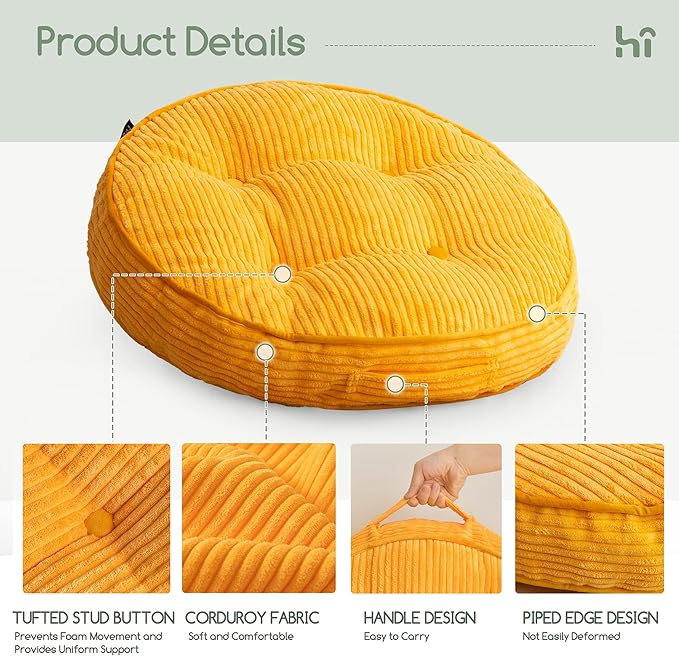 Washable Floor Pillow Cushion for Adults, Meditation Cushion Pillow, Large Round Floor Sitting, Removable Tufted Corduroy Cover, for Tatami Living Room or Yoga, 22x22 Inch, 2Pack, Machine Washable