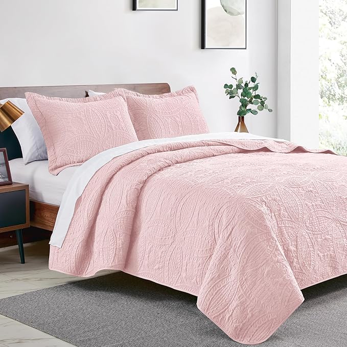 Love's cabin Quilts for Full Bed Pink Bedspreads Bedding Set - Lightweight Bedspread Comforter - Coin Pattern Bedding Coverlet for All Season - 3 Pieces (1 Quilt, 2 Pillow Shams)