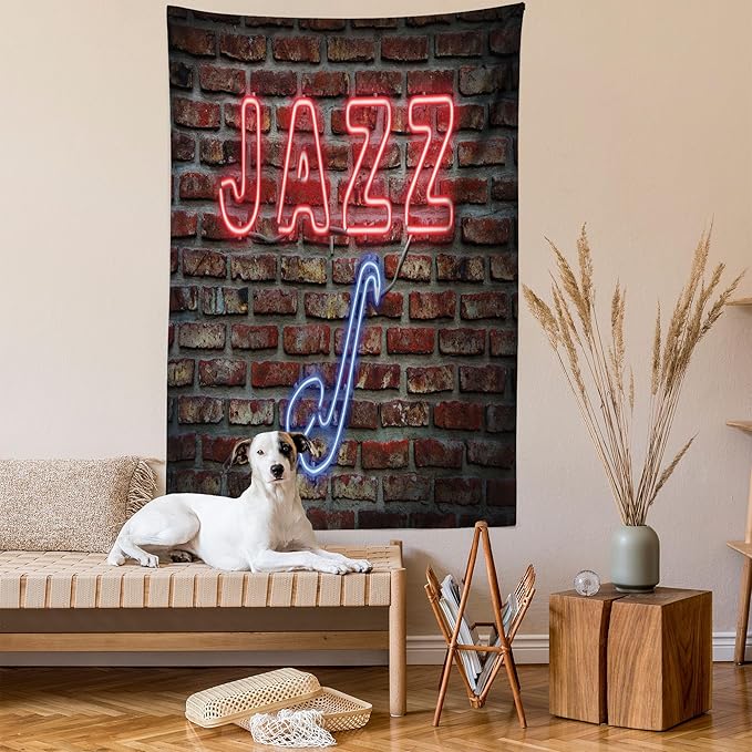 Ambesonne Music Tapestry Queen Size, Image of Alluring Neon All Jazz Sign Saxophone Instrument on Brick Wall Print, Wall Hanging Bedspread Bed Cover Wall Decor, 88" X 88", Red Blue