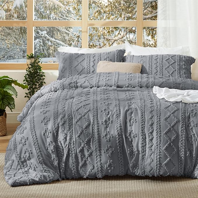 Bedsure Tufted Boho Comforter Set King Size - Grey Boho Bed Set, GentleSoft™ 3 Pieces Farmhouse Shabby Chic Embroidery Bedding, Gifts for Woman, Soft Jacquard King Comforter for All Seasons