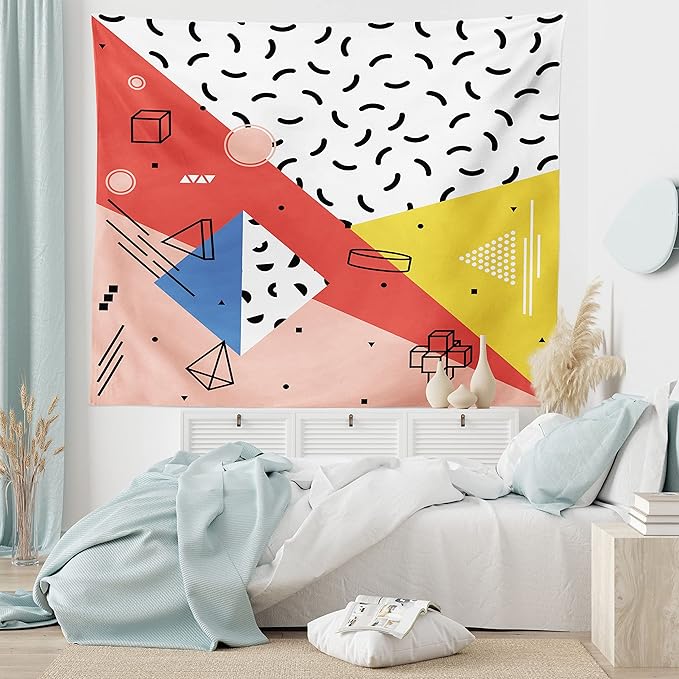 Ambesonne Abstract Tapestry, Modern Geometric Trippy Triangles Cubes Circles Rollers Dots Print, Wide Wall Hanging for Bedroom Living Room Dorm, 80" X 60", Coral Pink