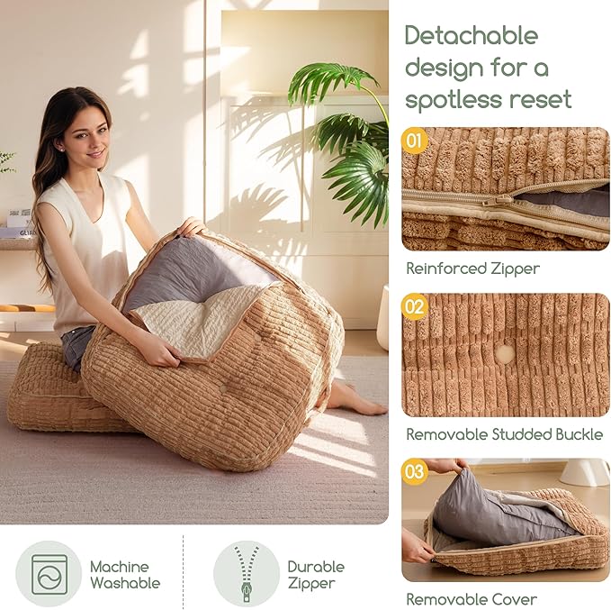 Washable Floor Pillow Cushion for Adults, Meditation Cushion Pillow, Removable Tufted Blended Corduroy Cover, Large Square Floor Sitting for Tatami Living Room or Yoga, 22x22 Inch, Machine Washable