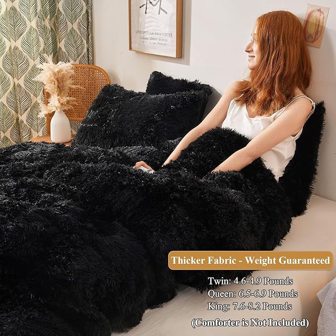 XeGe Plush Shaggy Duvet Cover Set, Luxury Ultra Soft Crystal Fluffy Bedding Sets 3 Pieces(1 Furry Faux Fur Comforter Cover + 2 Fuzzy Faux Fur Pillow Cases), Zipper Closure(Queen, Black)