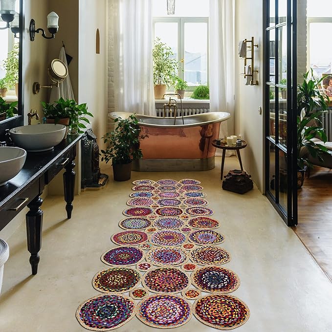 Scalloped Edge Rug, Hand Woven Natural Chindi Cotton and Jute Area Rug, 7x10 Ft Beige & Multicolor Braided Kilim Rugs for Living Room, Kitchen, Entryway, Farmhouse