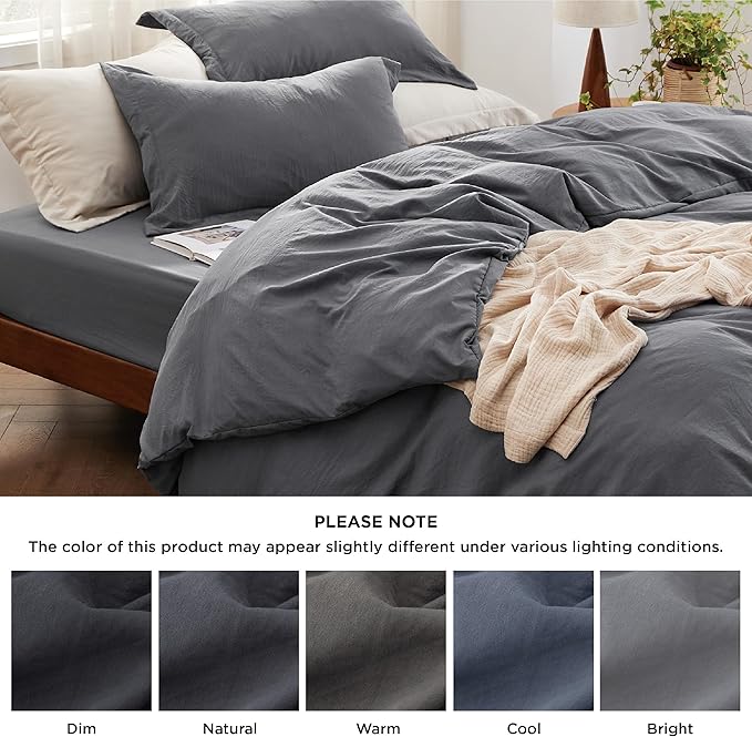 Bedsure California King Size Duvet Cover with Fitted Sheet - 4 Pieces Prewashed Cotton-Like Extra Soft Bedding Set, Includes 1 Duvet Cover 104x98 Inches, 2 Pillow Shams, 1 Fitted Sheet, Dark Grey