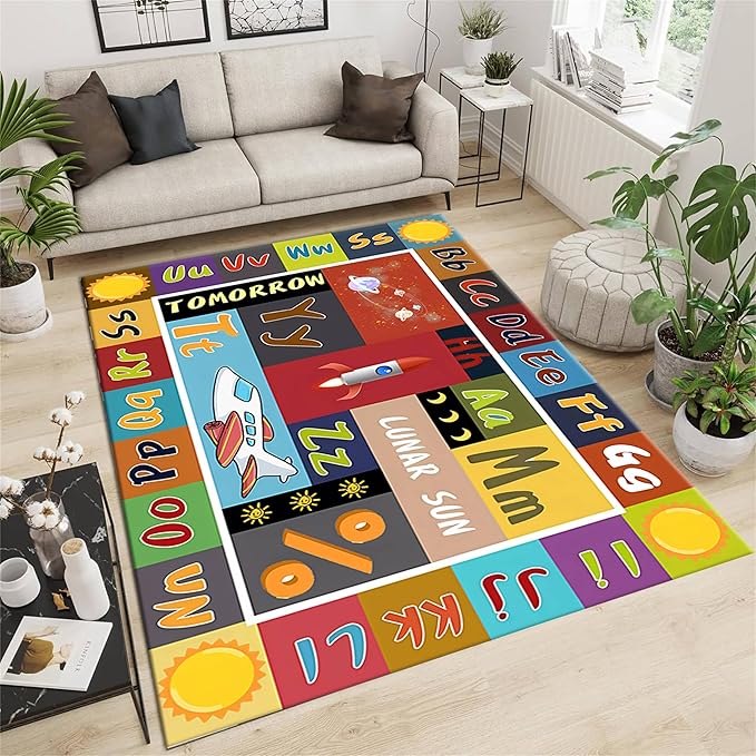 ABC Education Area Rug Children's Range of Rugs for Learning English Letters Prints Funny Space Theme Patchwork Carpet Kids Gaming Time Throw Rugs for Living Dining Room Laundry Bath, 5x8ft