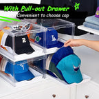 Vtopmart 4 Pack Hat Organizer for Baseball Caps, Clear Hats Holder Box with Drawer, Large Cap Storage with Sliding Tray, Stackable Rack Display Case with Magnetic Door, Each Holds 12 Hats