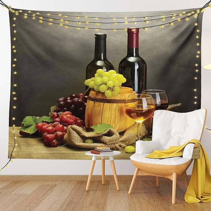 Ambesonne Winery Tapestry Twin Size, Cask Bottles and Glasses of Wine and Ripe Grapes on Wooden Table Picture Print, Wall Hanging Bedspread Bed Cover Wall Decor, 68" X 88", Grey Taupe