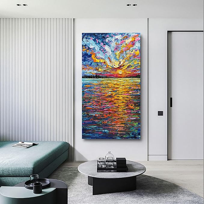 Art Hand-Painted Sea Sunrise Landscape Painting Modern Abstract Oil Painting Large Canvas Art Living Room Bedroom Corridor Wall Decoration Painting 48x24 inches