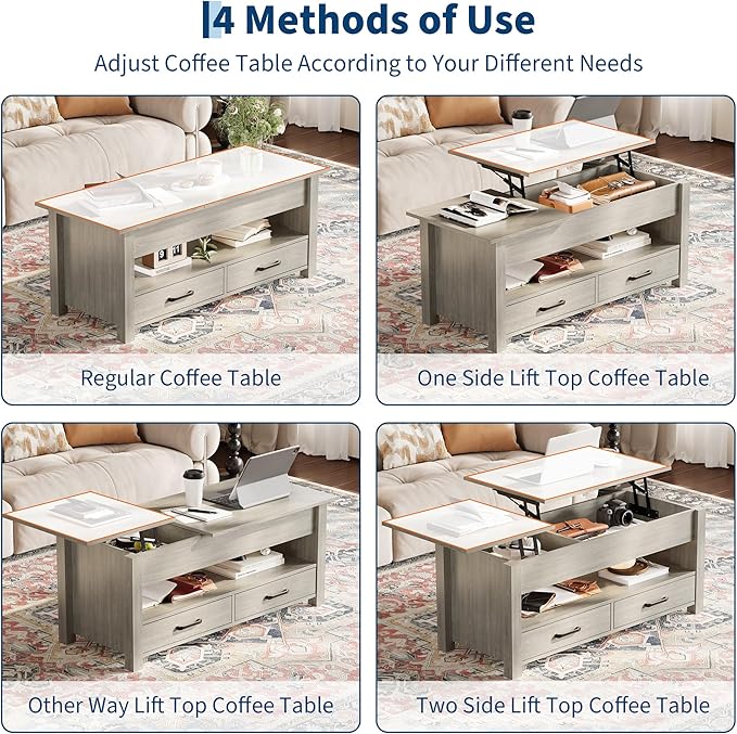 IDEALHOUSE 47.2" Coffee Table with Storage, Multi-Function Lift Top Coffee Table with Wooden Lift Tabletop, 2 Drawers and Hidden Compartment, Central Table for Living Room Home Office, Grey