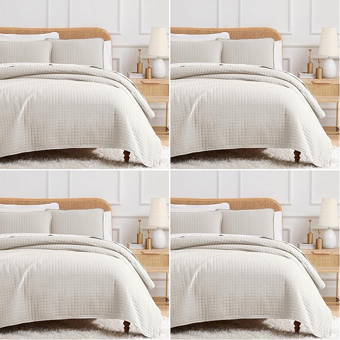 Southshore Fine Living, Inc. Full/Queen Quilt Bedding Set, Microfiber Quilts Queen Size, Coverlet, Stain & Pet Hair Resistant Bedding, Full Size Bedspread with 2 Pillow Shams, Bone (Pack of 4)