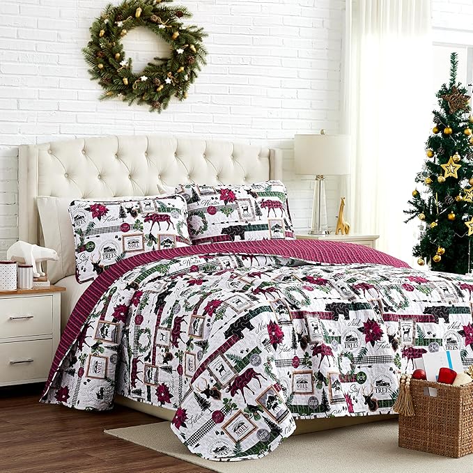 Southshore Fine Living, Inc. Merry Town Christmas Quilt Set, Queen/Full Size 3-Piece Christmas Bedding Set w/Matching Holiday Pillow Shams, Reversible 2-Sided Red Plaid Quilt & Rustic Cabin Print