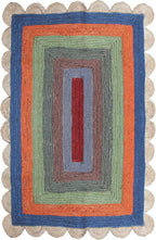 Scalloped Edge Rug, Hand Woven Natural Jute Area Rug, 3x3 Ft Square Beige & Multicolor Braided Kilim Rugs for Living Room, Kitchen, Entryway, Farmhouse