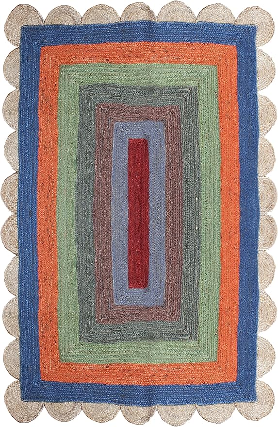 Scalloped Edge Rug, Hand Woven Natural Jute Area Rug, 8x11 Ft Beige & Multicolor Braided Sisal Kilim Rugs for Living Room, Kitchen, Entryway, Farmhouse