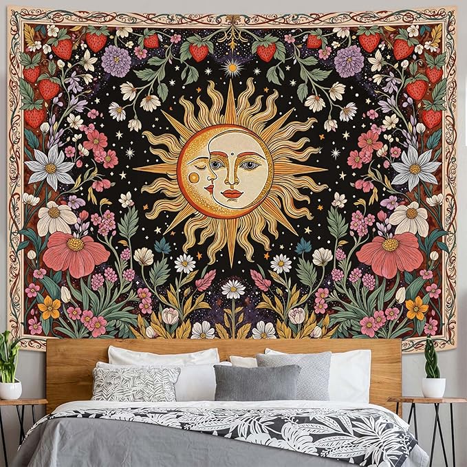 Accnicc Sun and Moon Tapestry Boho Vintage Floral Wall Tapestry for Bedroom Aesthetic Hippie Celestial Botanical Colorful Plant Small Tapestries Wall Hanging for Living Room Dorm 60 x 44 Inch