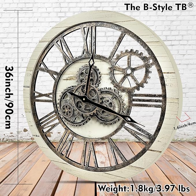 The B-Style Large Wall Clock 24 inch Moving Gear Wall Clock Oversized Vintage Farmhouse Wall Clocks for Living Room Decor Rustic Industrial Wood Clock (Desert Beige and Bronze, 36 inch/90cm)