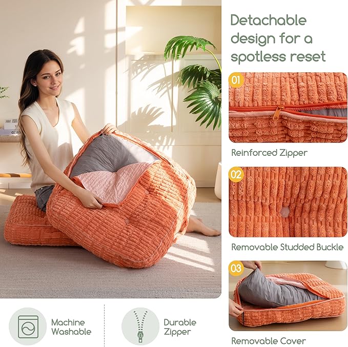 Washable Floor Pillow Cushion for Adults, Meditation Cushion Pillow, Removable Tufted Blended Corduroy Cover, Large Square Floor Sitting for Tatami Living Room or Yoga, 22x22 Inch, Machine Washable