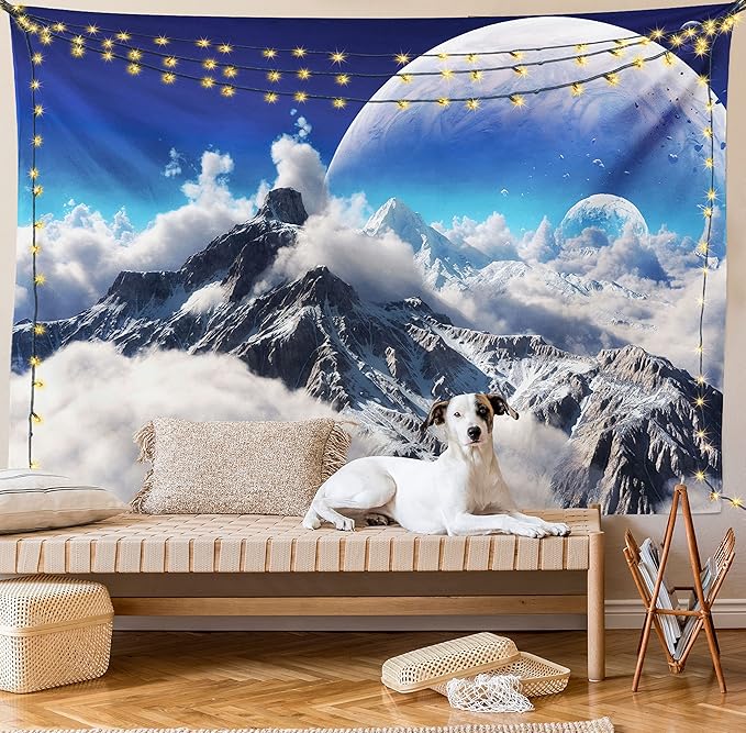 Ambesonne Fantasy Tapestry, Celestial View of Snow Capped Mountains and Alien Planet Print, Fabric Wall Hanging Decor for Bedroom Living Room Dorm, 23" X 28", White and Navy Blue