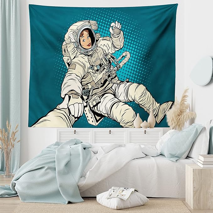 Ambesonne Outer Space Tapestry, Woman Astronaut Hands with Her Better Half Pop Art Style Comic Graphic, Fabric Wall Hanging Decor for Bedroom Living Room Dorm, 28" X 23", Beige Blue