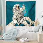 Ambesonne Outer Space Tapestry, Woman Astronaut Hands with Her Better Half Pop Art Style Comic Graphic, Fabric Wall Hanging Decor for Bedroom Living Room Dorm, 45" X 30", Beige Blue