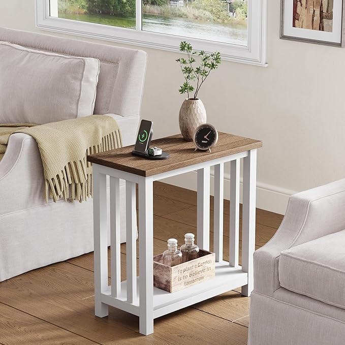 ChooChoo Farmhouse End Tables Set of 2, Narrow Side Tables for Small Spaces, Night Stands with Storage Shelf for Living Room and Bedroom, White and Brown