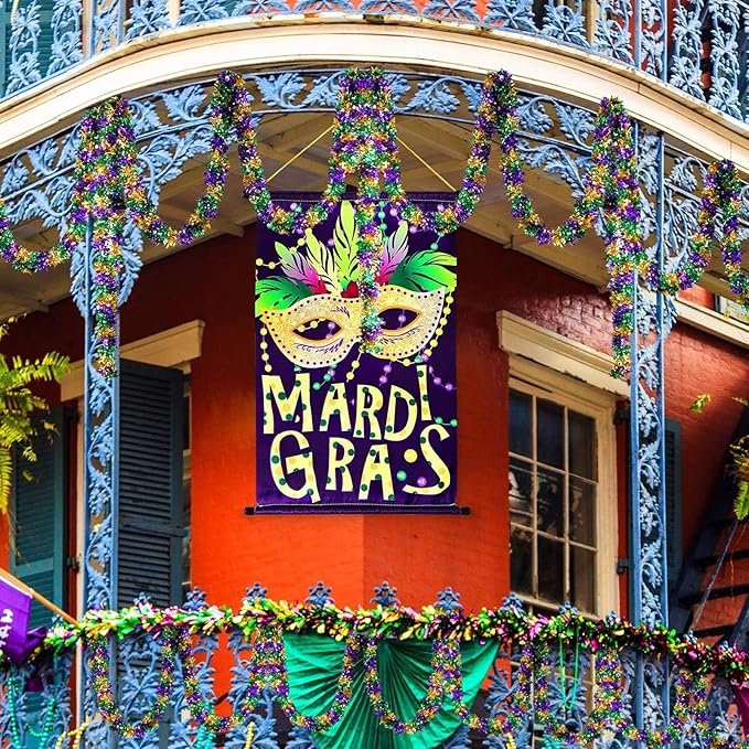 Mardi Gras Garland Decorations,50Ft Glitter Tinsel Garland Decor for Tree Mantle Bedroom Office Classroom Party Indoor Outdoor Holiday Home Green Gold Purple