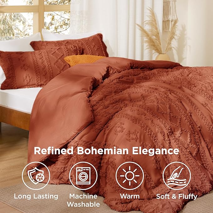 Bedsure Tufted Boho Comforter Set Queen Size - Terracotta Boho Bed Set, GentleSoft™ 3 Pieces Farmhouse Shabby Chic Embroidery Bedding, Gifts for Woman, Soft Jacquard Queen Comforter for All Seasons
