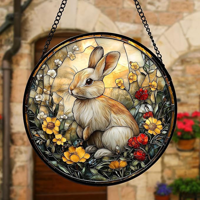 Stained Glass Window Hanging - Rabbit Flowers Suncatcher Ready to Hang Window Doors Home Decoration, Easter, Mother's Day Birthday Gifts for Women, Men, and Mom 9.8x9.8 in