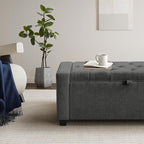 SUNWAVE Storage Ottoman Bench, Linen Fabric End of Bed Storage Bench with Button Tufted, Safety Hinge Lid, Large Ottoman for Bedroom, Living Room & Entryway