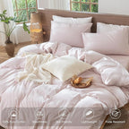 MooMee Striped Duvet Cover Set 100% Washed Cotton Linen Like Textured Breathable Durable Soft Comfy (Heathered Greyish Pink White Wide Stripes, Queen 90"x90")