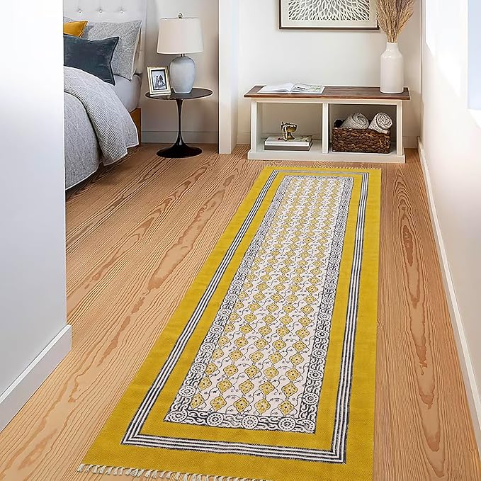 Flatweave Runner 2.6x8 Kilim Runner Floral Design Hand Block Printed Cotton Rug Yellow Beige Handmade Boho Dhurrie Thick 0.19" Indoor Outdoor Rugs for Hallway Enterway Kitchen | Holiday Season Decor