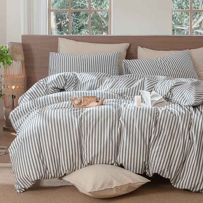 MooMee Striped Duvet Cover Set 100% Washed Cotton Linen Like Textured Breathable Durable Soft Comfy (Dark Grey White Classic Stripes, Alaska King 132"x120")