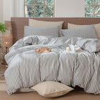 MooMee Striped Duvet Cover Set 100% Washed Cotton Linen Like Textured Breathable Durable Soft Comfy (Dark Grey White Classic Stripes, Alaska King 132"x120")