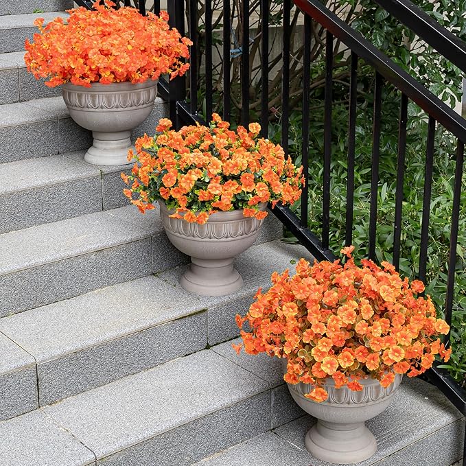 Lnoicy Artificial Flowers for Outdoor 12 Bundles Eucalyptus Fake Flowers for Planter,UV Resistant Fake Morning Glory for Home/Porch/Garden Decoration（Orange）