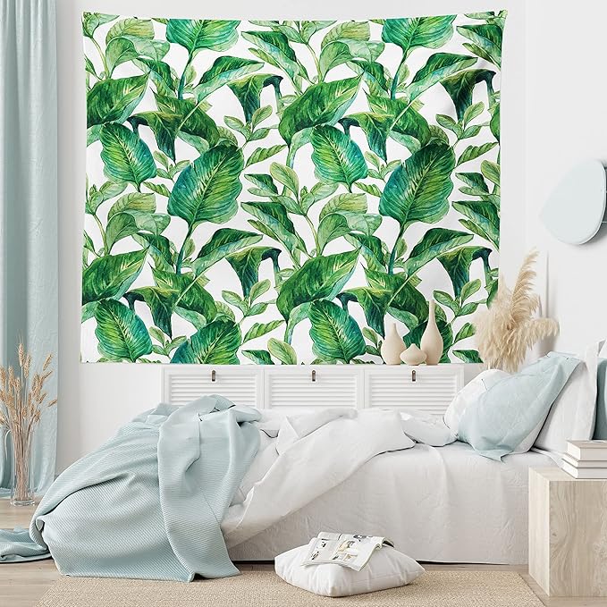 Ambesonne Leaf Tapestry King Size, Romantic Holiday Island Hawaiian Banana Trees Watercolored Image, Wall Hanging Bedspread Bed Cover Wall Decor, 104" X 88", Forest Green