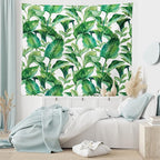 Ambesonne Leaf Tapestry King Size, Romantic Holiday Island Hawaiian Banana Trees Watercolored Image, Wall Hanging Bedspread Bed Cover Wall Decor, 104" X 88", Forest Green
