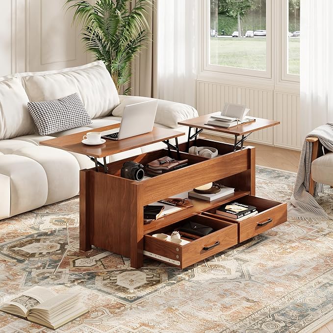 IDEALHOUSE 47.2" Coffee Table with Storage, Multi-Function Lift Top Coffee Table with Wooden Lift Tabletop, 2 Drawers and Hidden Compartment, Central Table for Living Room Home Office, Brown