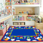 Train Play Rug 5x6ft for Kids - Educational Adventure Carpet with Tracks, Animals & Clouds, Low Pile Washable, Non-Slip Nursery Classroom Playroom Rug
