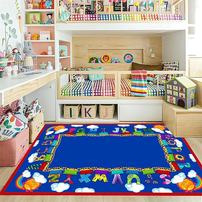 Train Play Rug 5x8ft for Kids - Educational Adventure Carpet with Tracks, Animals & Clouds, Low Pile Washable, Non-Slip Nursery Classroom Playroom Rug