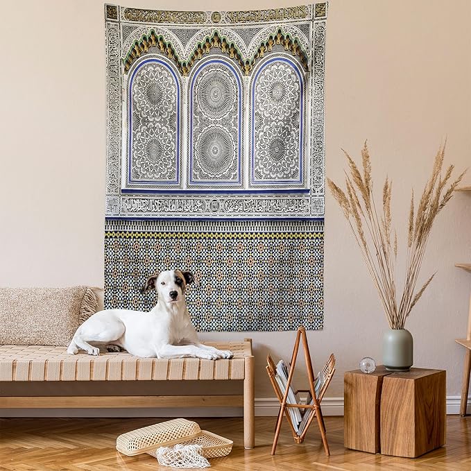 Ambesonne Orient Tapestry, Nostalgic Moroccan Architecture Stone Carving and Motifs Majestic Ottoman Empire, Fabric Wall Hanging Decor for Bedroom Living Room Dorm, 23" X 28", Grey Blue