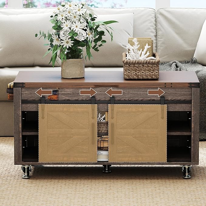 40” Farmhouse Coffee Table Bilateral Lift Top with Sliding Barn Door Movable Rustic Square Center Table with Large Hidden Storage Compartment Lifting Tabletop for Home Living Room,Office (Dark Brown)