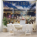 Ambesonne Cityscape Tapestry, Night View Hong Kong Victoria Harbor Business Financial District Cityscape Print, Fabric Wall Hanging Decor for Bedroom Living Room Dorm, 45" X 30", White Indigo