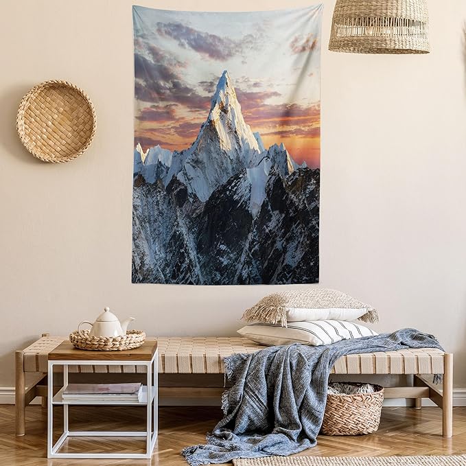 Ambesonne Mountain Tapestry Twin Size, Evening South High Hill Above the Sky Colorful Nepal Everest Photo, Wall Hanging Bedspread Bed Cover Wall Decor, 68" X 88", Bluegrey Salmon