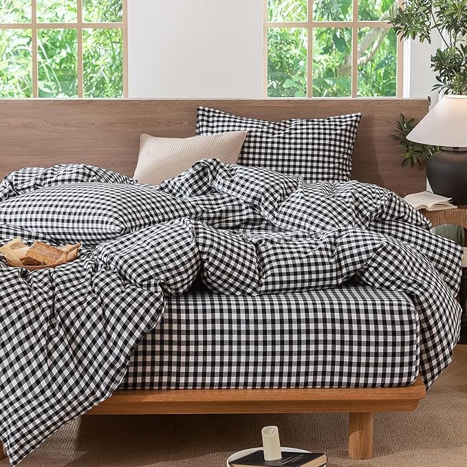MooMee Gingham Duvet Cover Set 100% Washed Cotton Linen Like Textured Breathable Durable Soft Comfy Modern Checkered Design (Black White Gingham, Twin 68"x90")