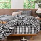 MooMee Gingham Duvet Cover Set 100% Washed Cotton Linen Like Textured Breathable Durable Soft Comfy Modern Checkered Design (Black White Gingham, Oversized Queen 98"x98")