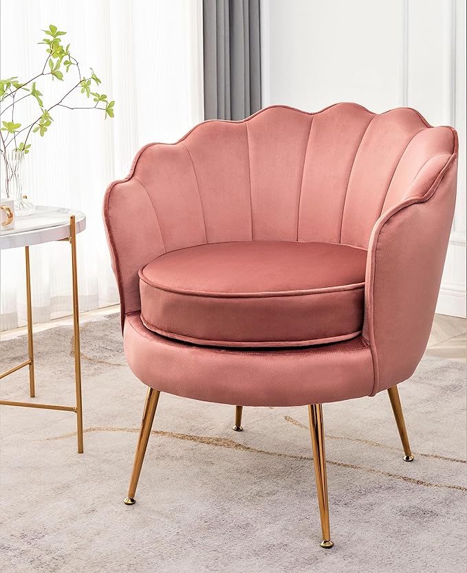 Velvet Barrel Accent Chair with Scalloped Silhouette and Gold Metal Legs, Decorative Piece Suitable for Traditional, Modern, and Contemporary Spaces, Rose
