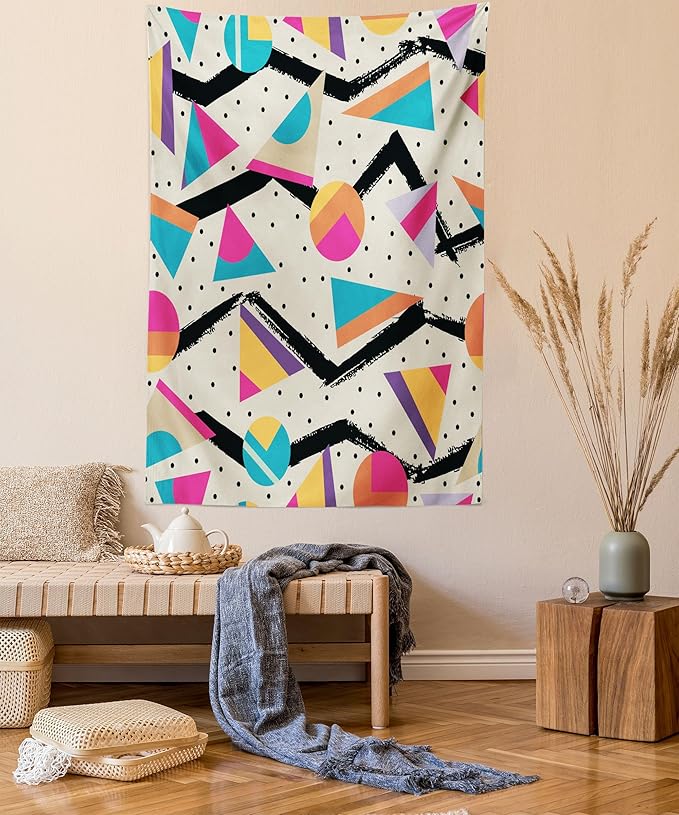 Ambesonne Indie Tapestry, Eighties Memphis Fashion Style Geometric Abstract Colorful Design Dots Funky, Wall Hanging for Bedroom Living Room Dorm Decor, 40" X 60", Cream Pink