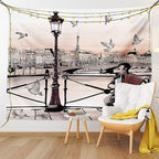 Ambesonne Music Tapestry, Accordionist Playing Paris Street Urban European Famous City Panorama Graphic Scene, Fabric Wall Hanging Decor for Bedroom Living Room Dorm, 23" X 28", Peach Brown